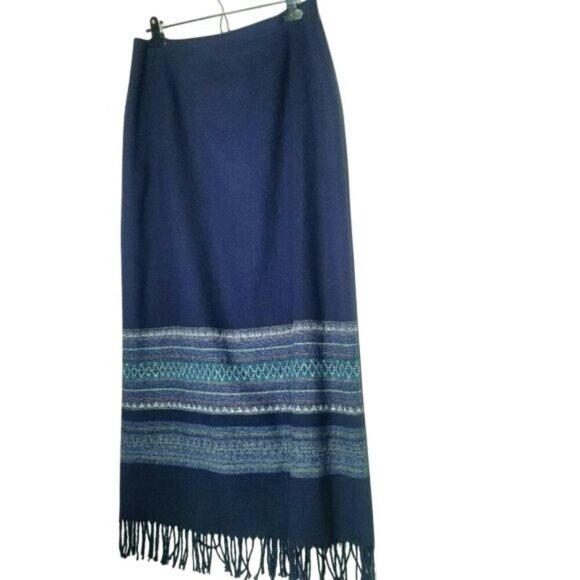 Woven Maxi Skirt With Fringe Hem & Ethnic Pattern Design Size 10 Polyester & Woo - Picture 1 of 9